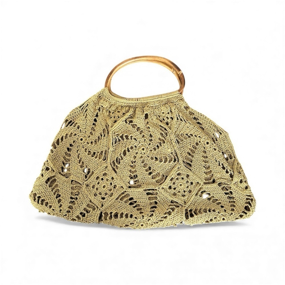 Crochet Boho Gold-Toned Handbag with Bamboo Handles